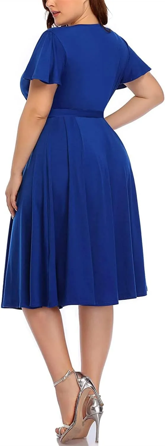 Pinup Fashion Women Plus Size Dresses Wedding Guest - Semi Formal Cocktail Wrap Empire Waist Midi Dress