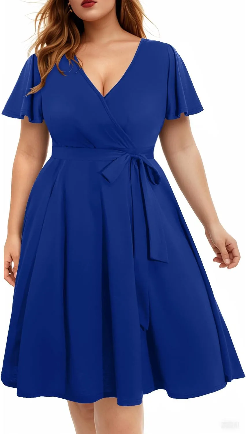 Pinup Fashion Women Plus Size Dresses Wedding Guest - Semi Formal Cocktail Wrap Empire Waist Midi Dress