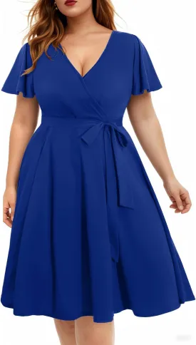 Pinup Fashion Women Plus Size Dresses Wedding Guest - Semi Formal Cocktail Wrap Empire Waist Midi Dress