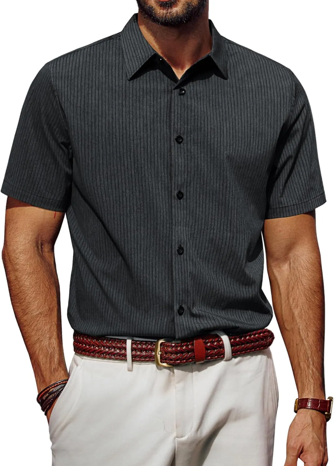 PJ PAUL JONES Mens Regular Fit Striped Dress Shirt Short Sleeve Button Down Shirts