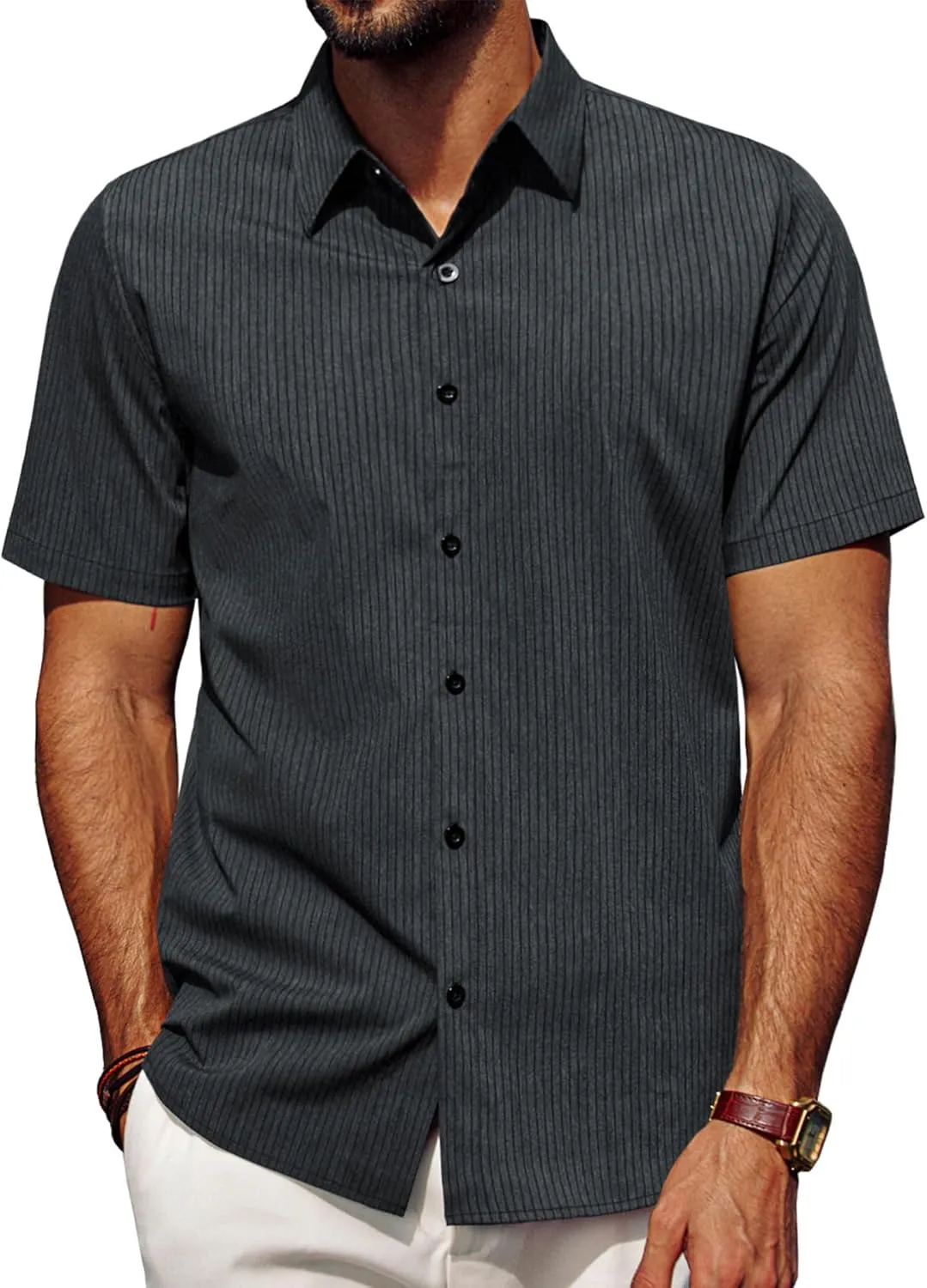 PJ PAUL JONES Mens Regular Fit Striped Dress Shirt Short Sleeve Button Down Shirts