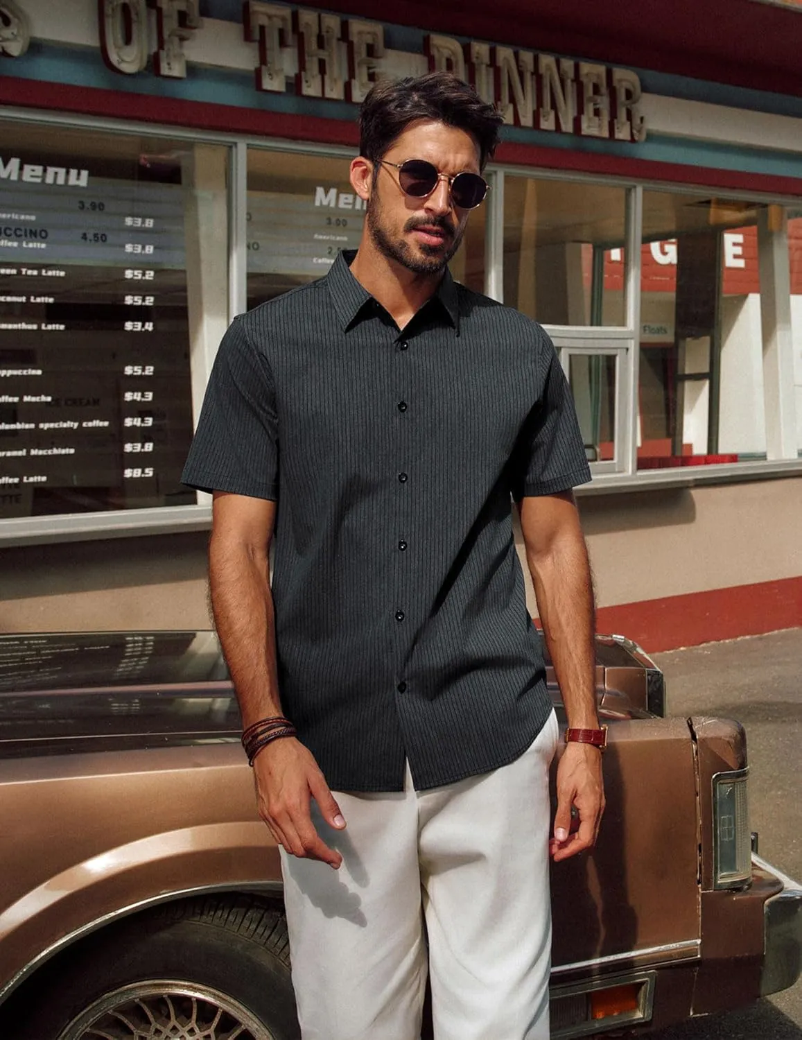 PJ PAUL JONES Mens Regular Fit Striped Dress Shirt Short Sleeve Button Down Shirts