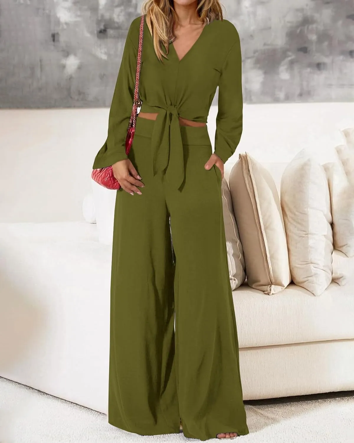 PRETTYGARDEN Women's 2 Piece Outfits 2025 Fall Fashion V Neck Long Sleeve Strappy Crop Top Wide Leg Pant Lounge Sets