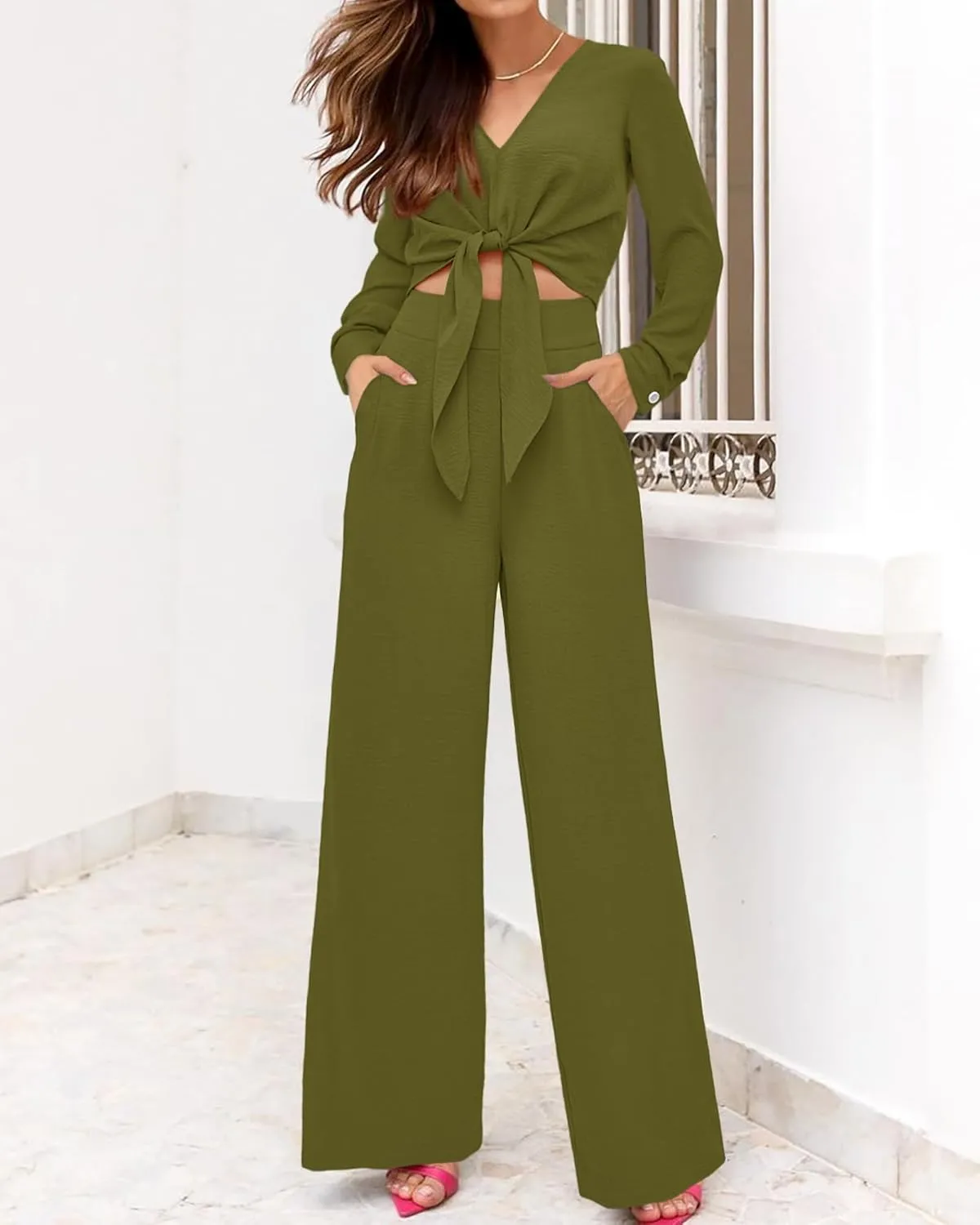 PRETTYGARDEN Women's 2 Piece Outfits 2025 Fall Fashion V Neck Long Sleeve Strappy Crop Top Wide Leg Pant Lounge Sets