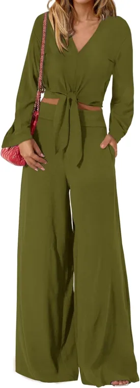PRETTYGARDEN Women's 2 Piece Outfits 2025 Fall Fashion V Neck Long Sleeve Strappy Crop Top Wide Leg Pant Lounge Sets