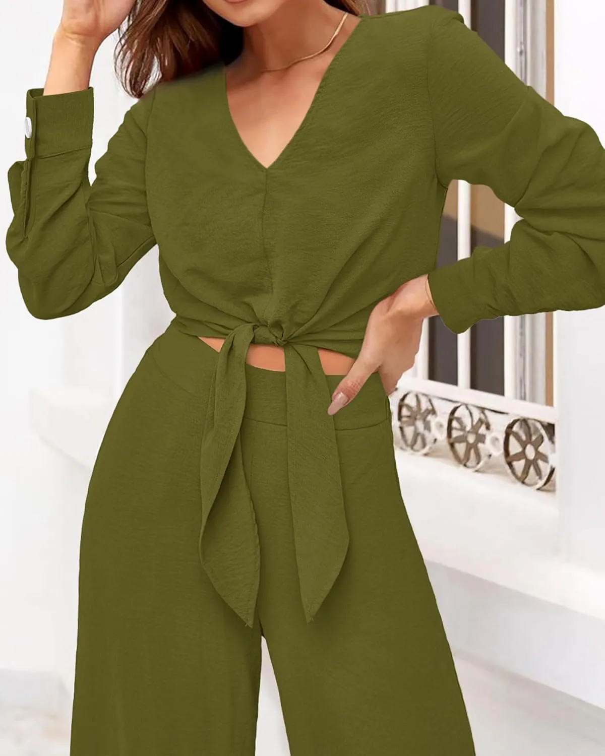 PRETTYGARDEN Women's 2 Piece Outfits 2025 Fall Fashion V Neck Long Sleeve Strappy Crop Top Wide Leg Pant Lounge Sets