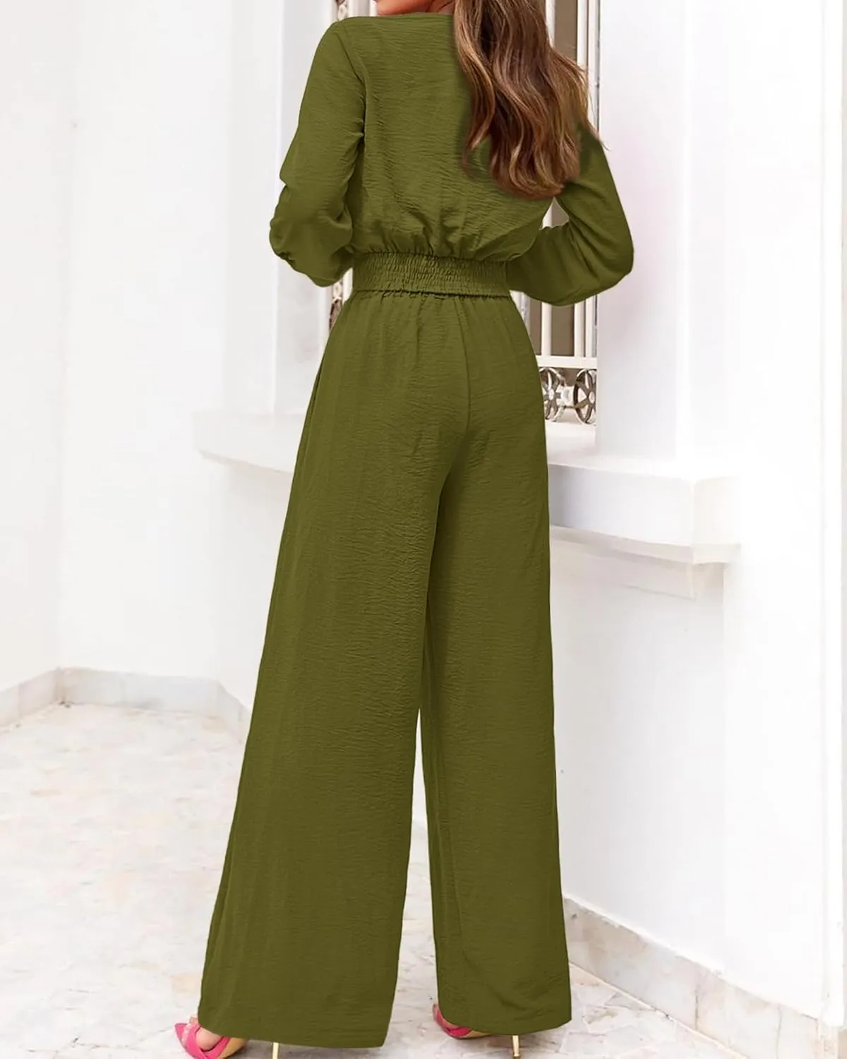 PRETTYGARDEN Women's 2 Piece Outfits 2025 Fall Fashion V Neck Long Sleeve Strappy Crop Top Wide Leg Pant Lounge Sets