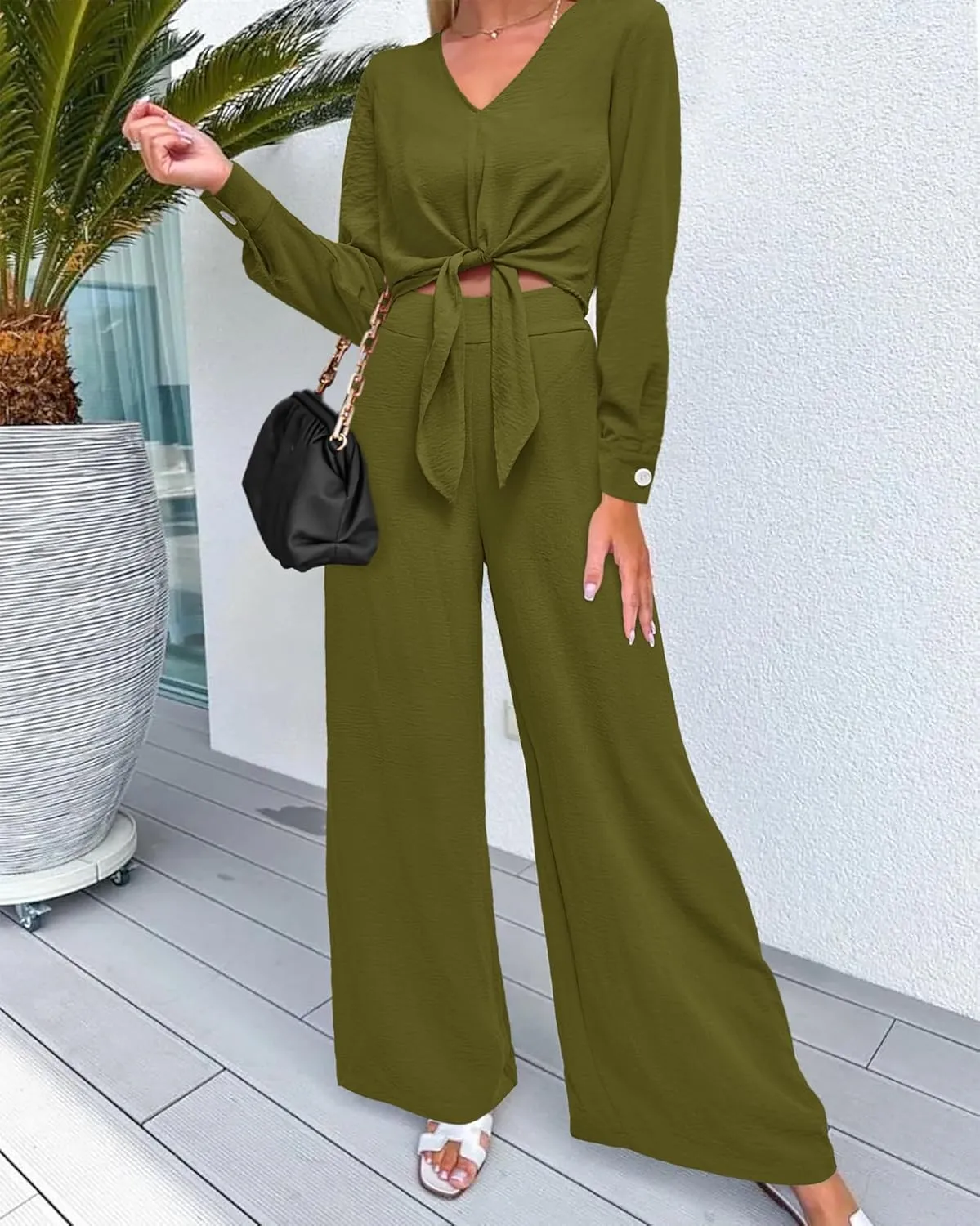 PRETTYGARDEN Women's 2 Piece Outfits 2025 Fall Fashion V Neck Long Sleeve Strappy Crop Top Wide Leg Pant Lounge Sets