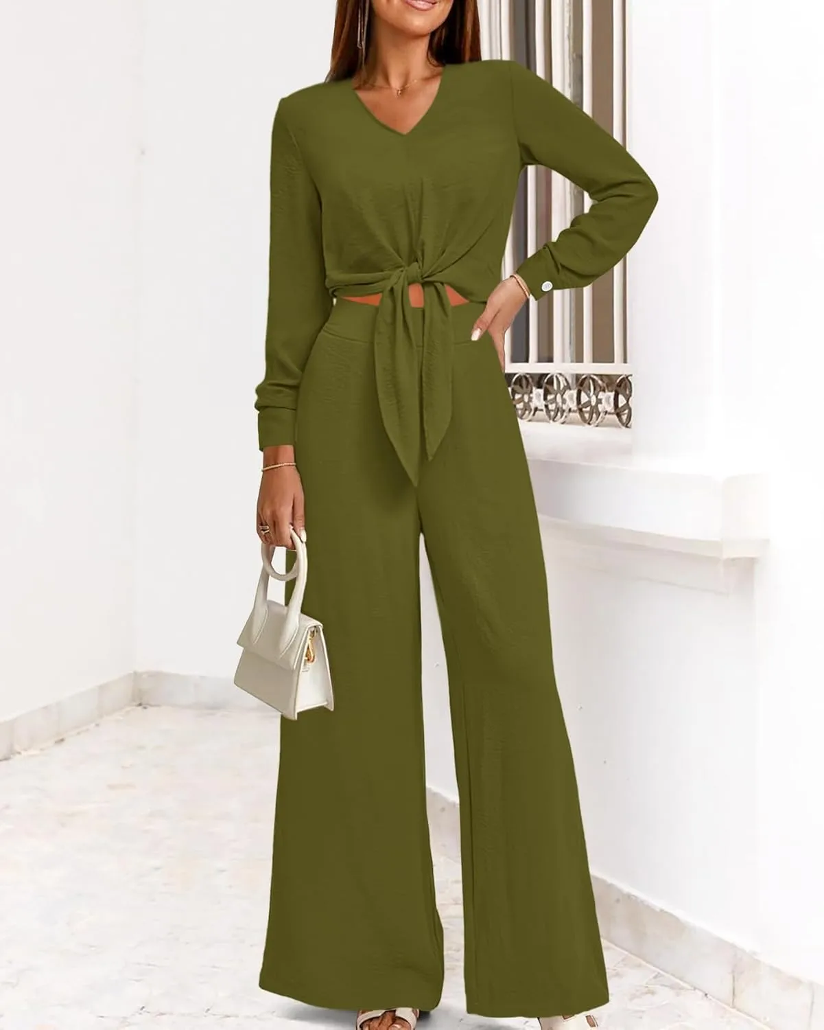 PRETTYGARDEN Women's 2 Piece Outfits 2025 Fall Fashion V Neck Long Sleeve Strappy Crop Top Wide Leg Pant Lounge Sets