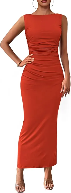 PRETTYGARDEN Women's 2025 Summer Semi Formal Midi Dresses Sleeveless Ruched Bodycon Long Elegant Cocktail Wedding Guest Dress