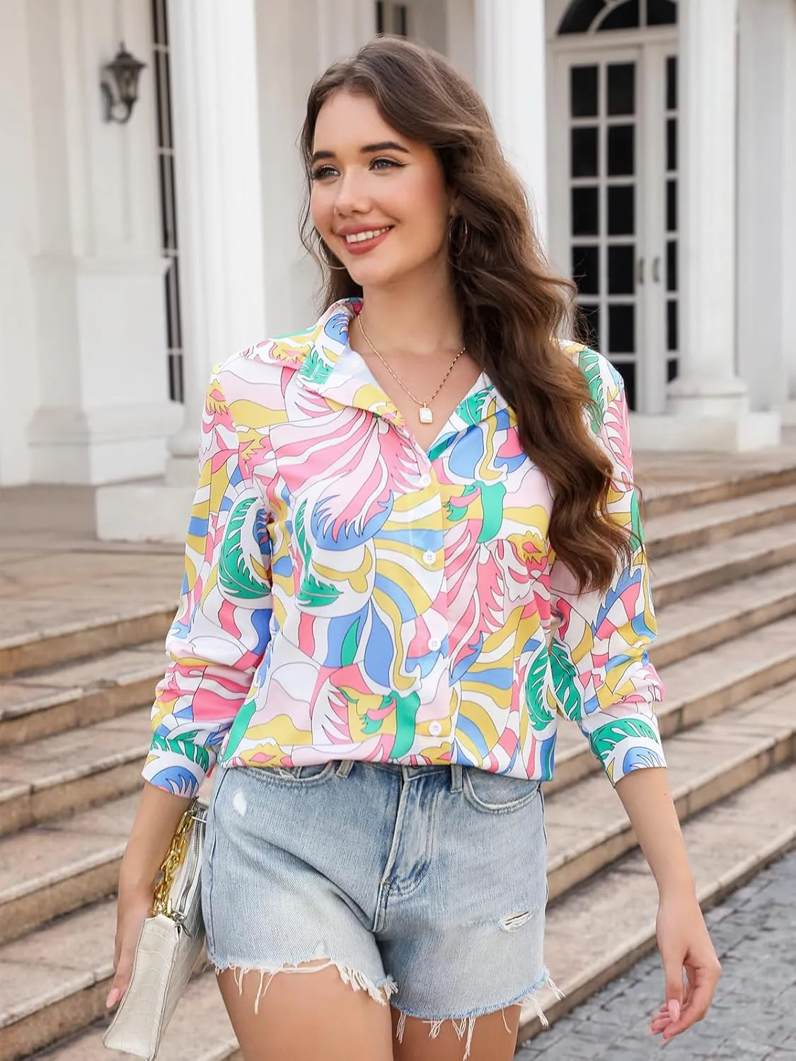 siliteelon Womens Button Down Shirts Dress Shirts Long Sleeve Wrinkle Free Collared Work Blouses Casual Print Chiffon Top