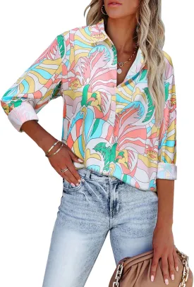 siliteelon Womens Button Down Shirts Dress Shirts Long Sleeve Wrinkle Free Collared Work Blouses Casual Print Chiffon Top