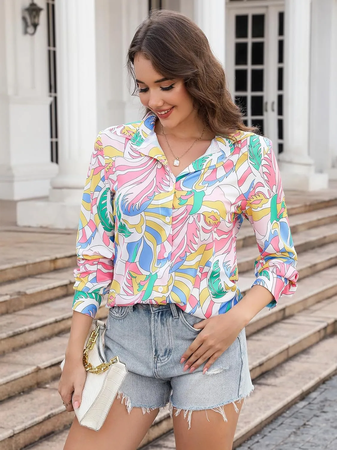 siliteelon Womens Button Down Shirts Dress Shirts Long Sleeve Wrinkle Free Collared Work Blouses Casual Print Chiffon Top