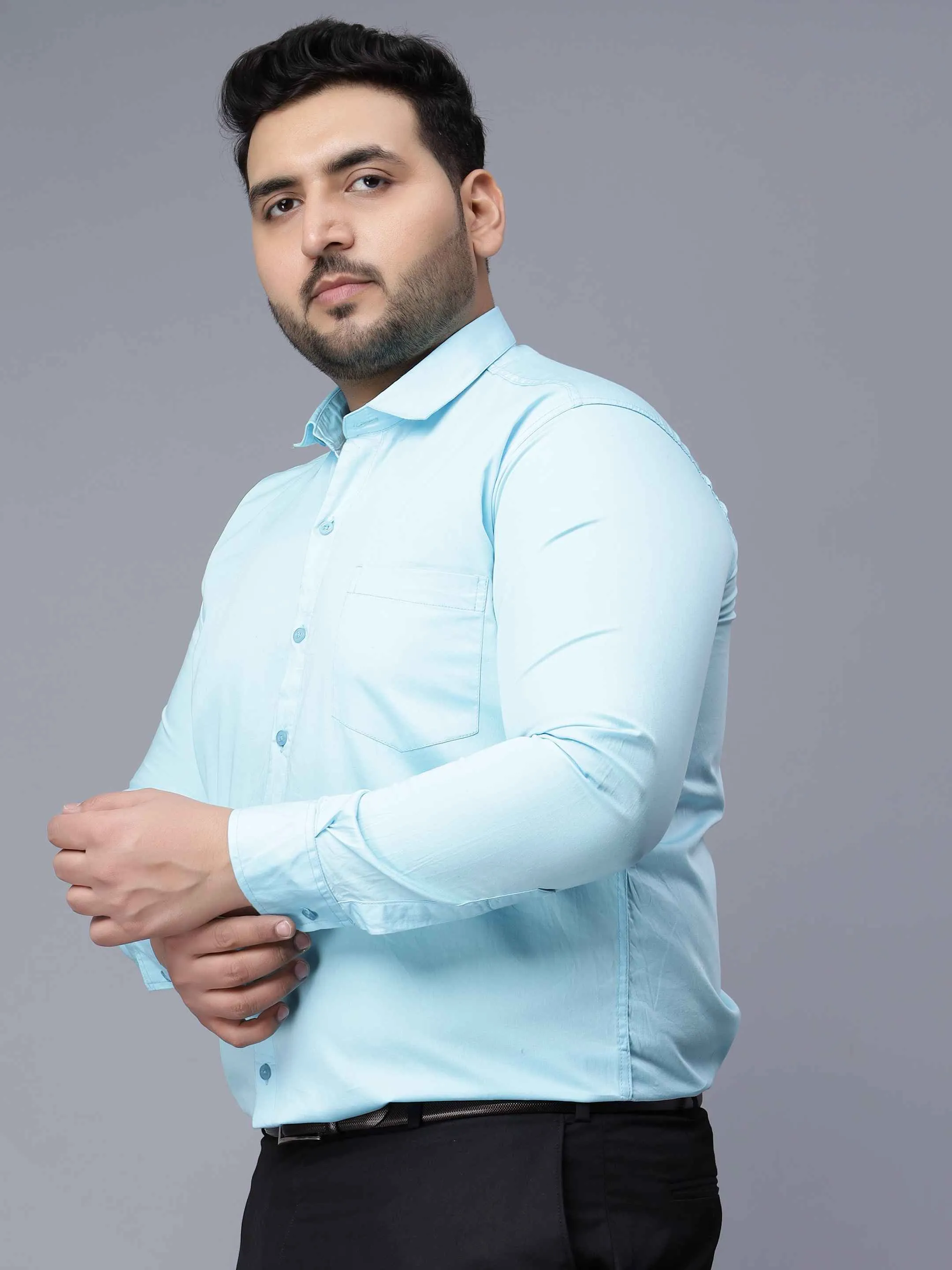 Sky Blue Solid Cotton Plus Size Shirt