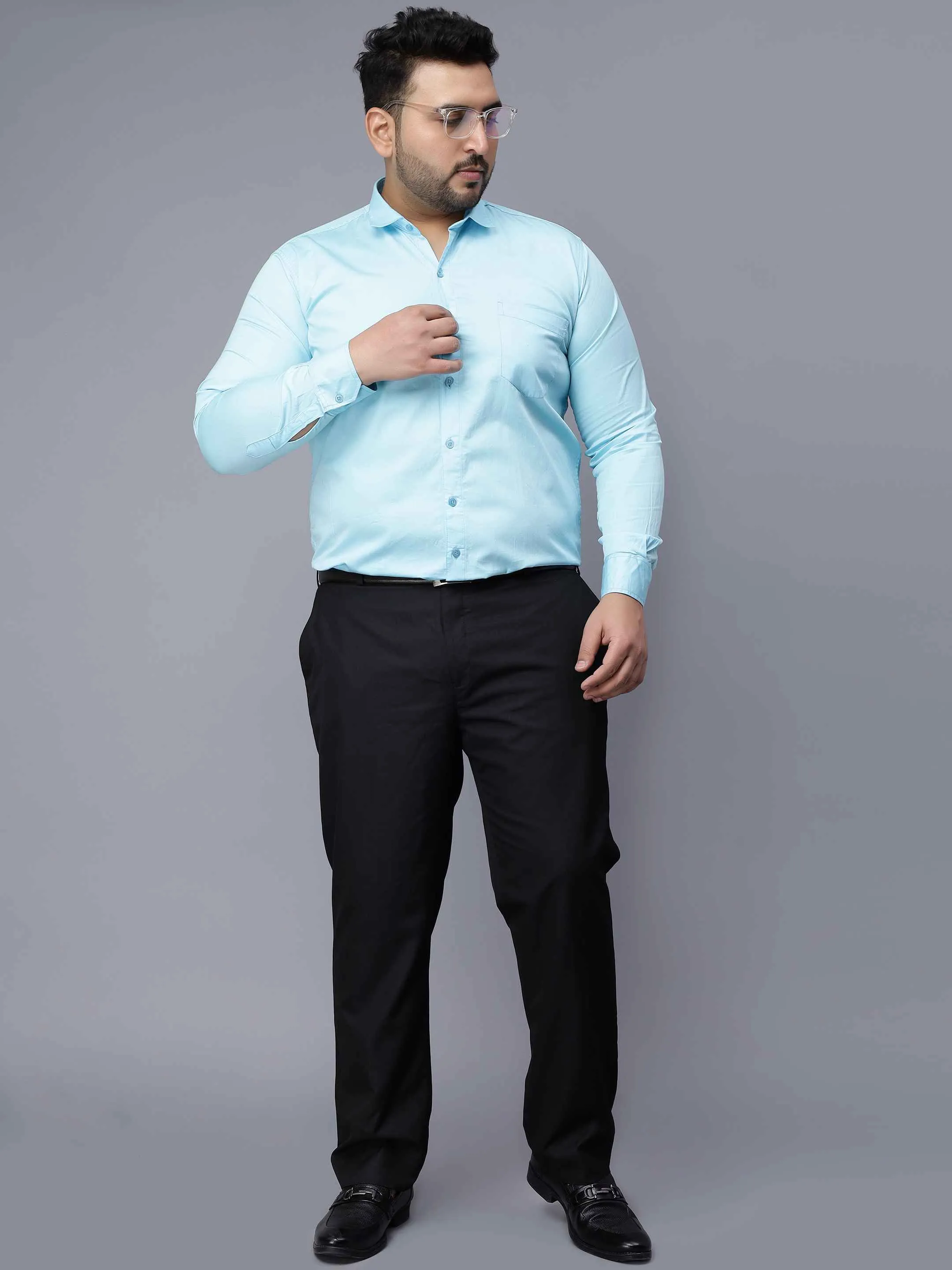 Sky Blue Solid Cotton Plus Size Shirt