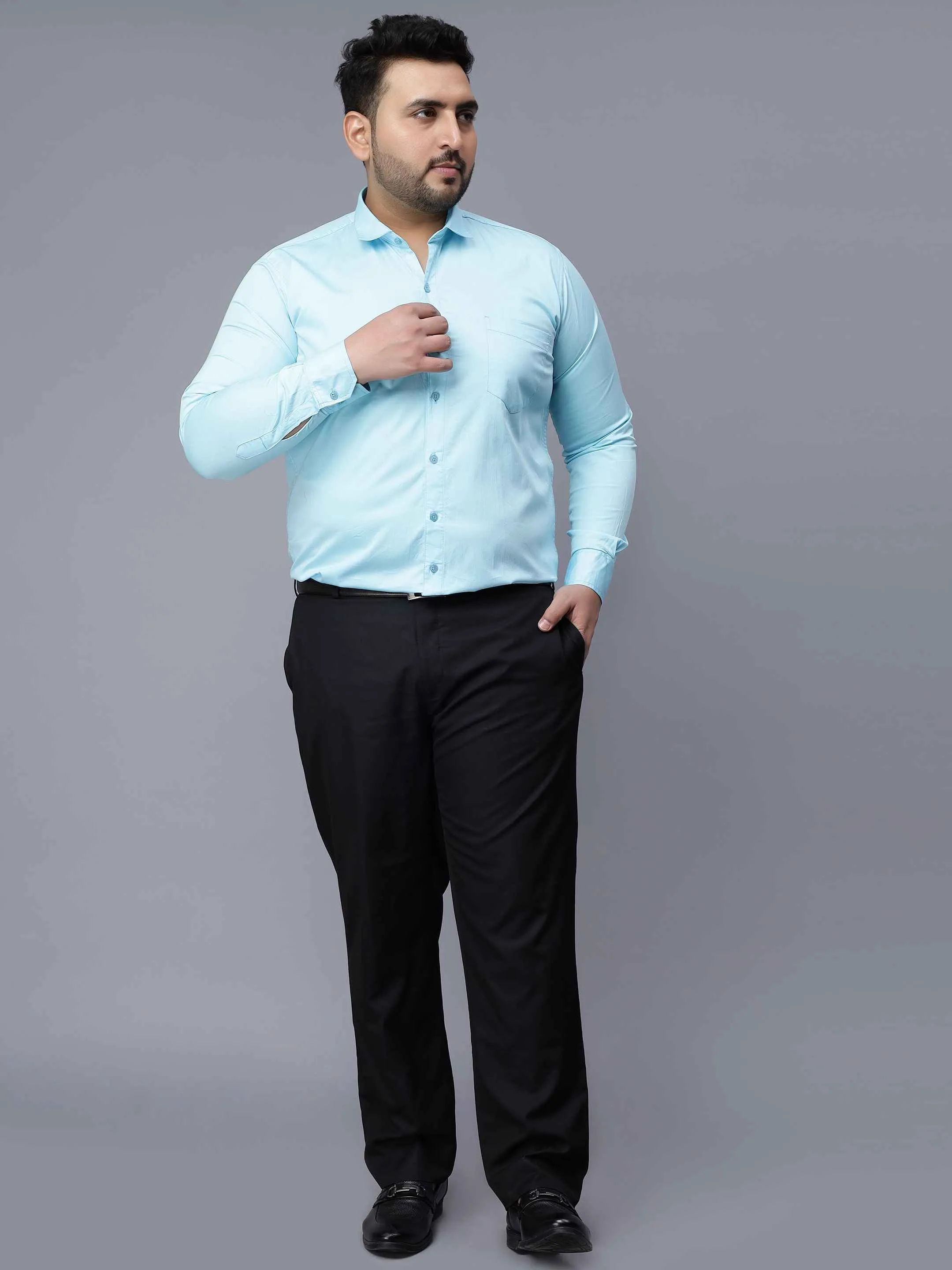 Sky Blue Solid Cotton Plus Size Shirt