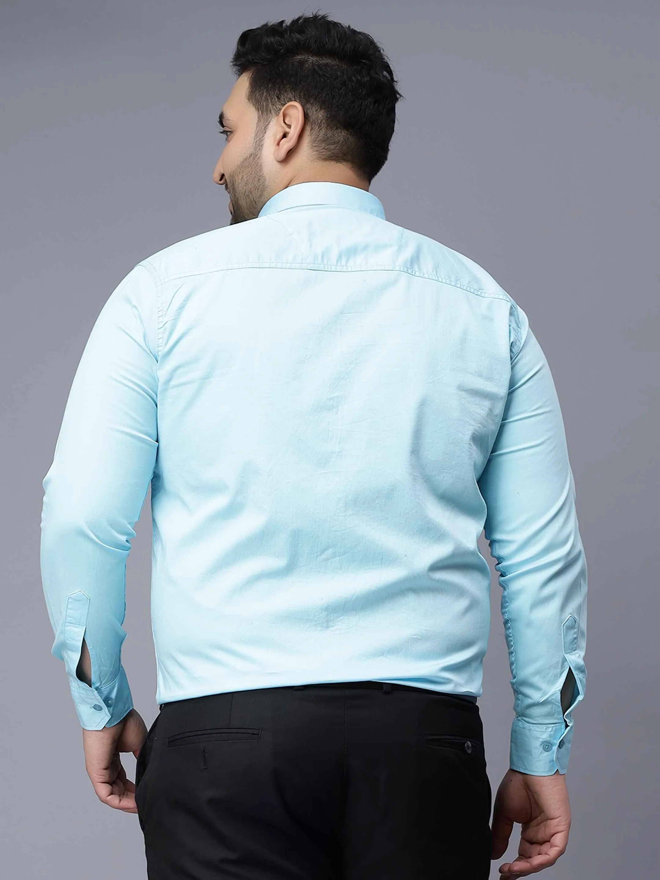 Sky Blue Solid Cotton Plus Size Shirt
