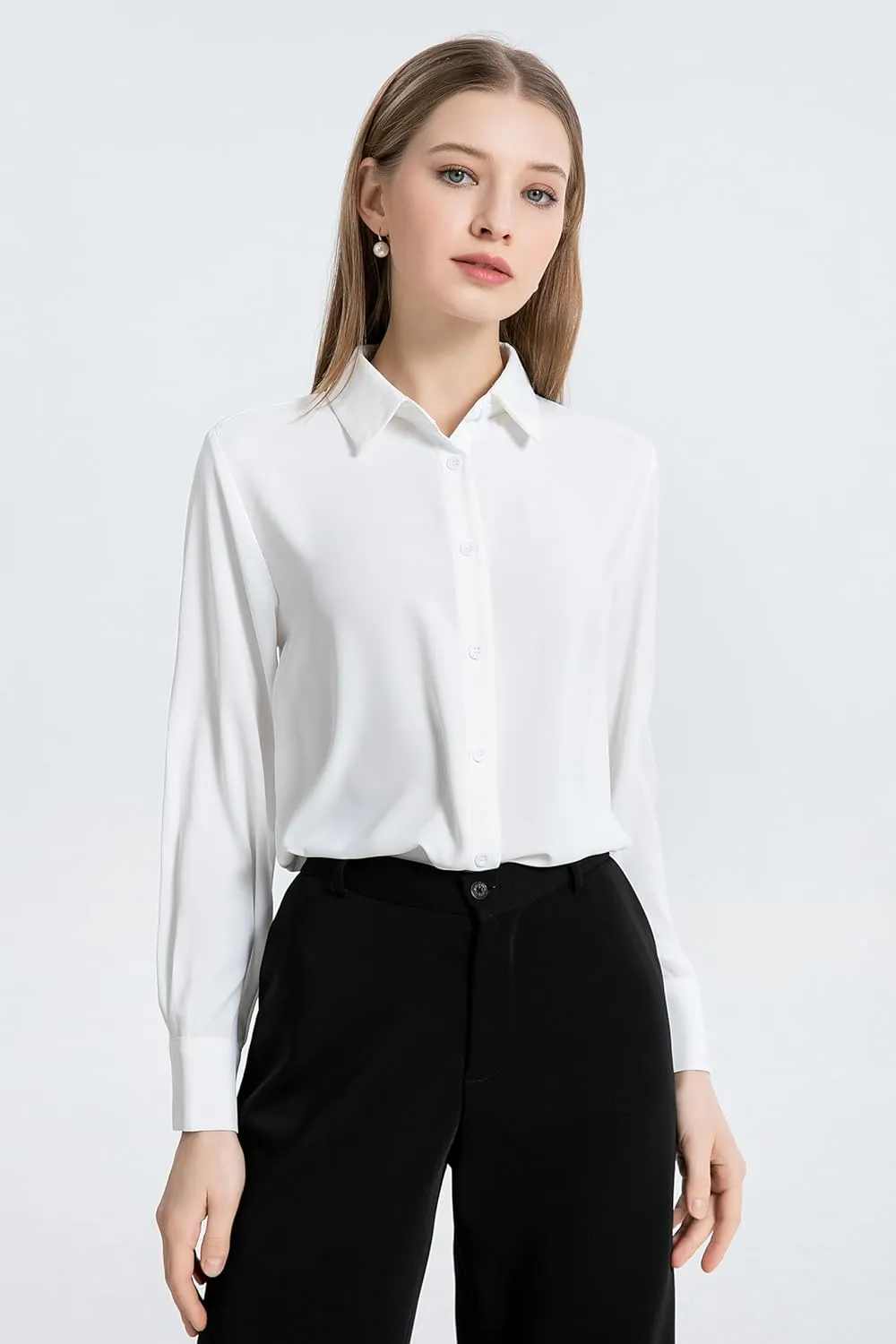 SPRING SEAON Women's Button Down Shirts Causal Collared Blouses Work Office Long Sleeve Chiffon Blouse for Ladies