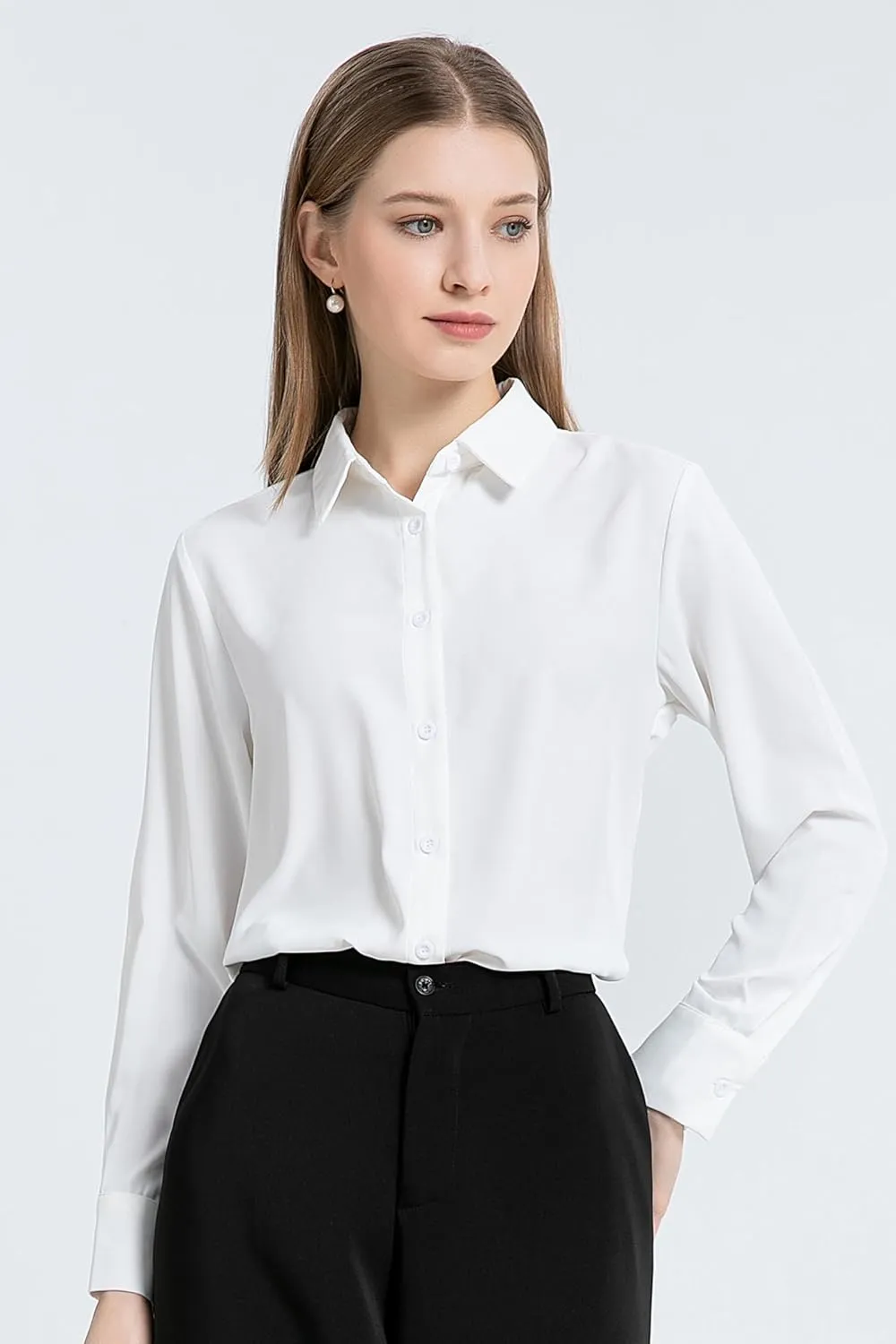 SPRING SEAON Women's Button Down Shirts Causal Collared Blouses Work Office Long Sleeve Chiffon Blouse for Ladies