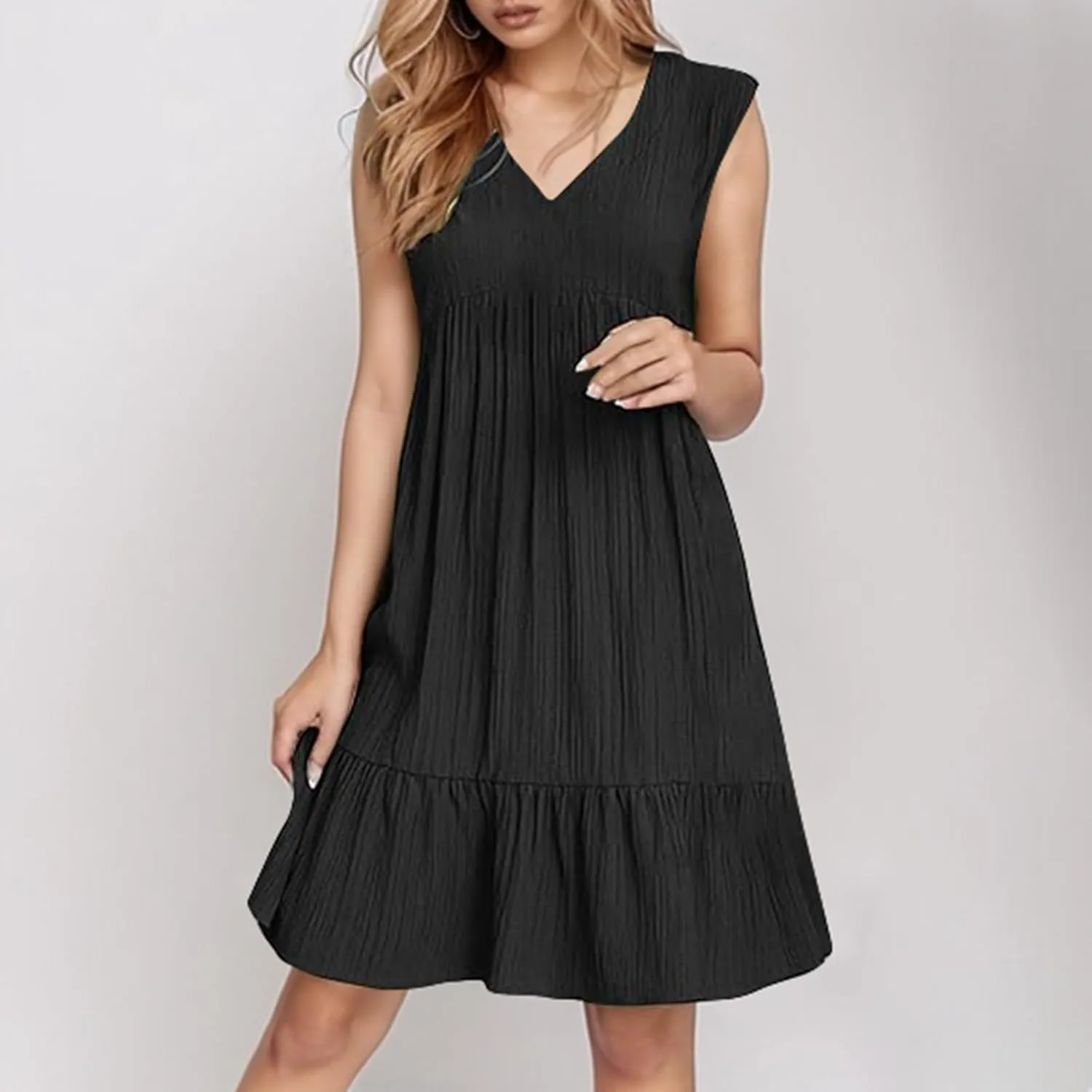 Summer Dresses for Women 2025 Sleeveless V Neck Knee Length Patchwork Pleated Ruffle Flowy Beach Sundresses