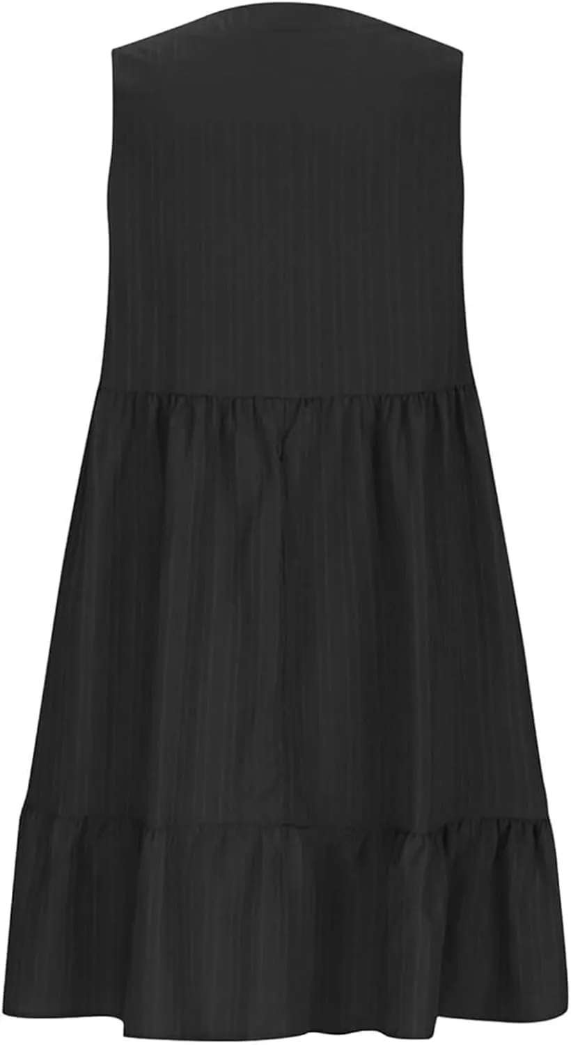 Summer Dresses for Women 2025 Sleeveless V Neck Knee Length Patchwork Pleated Ruffle Flowy Beach Sundresses