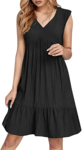 Summer Dresses for Women 2025 Sleeveless V Neck Knee Length Patchwork Pleated Ruffle Flowy Beach Sundresses