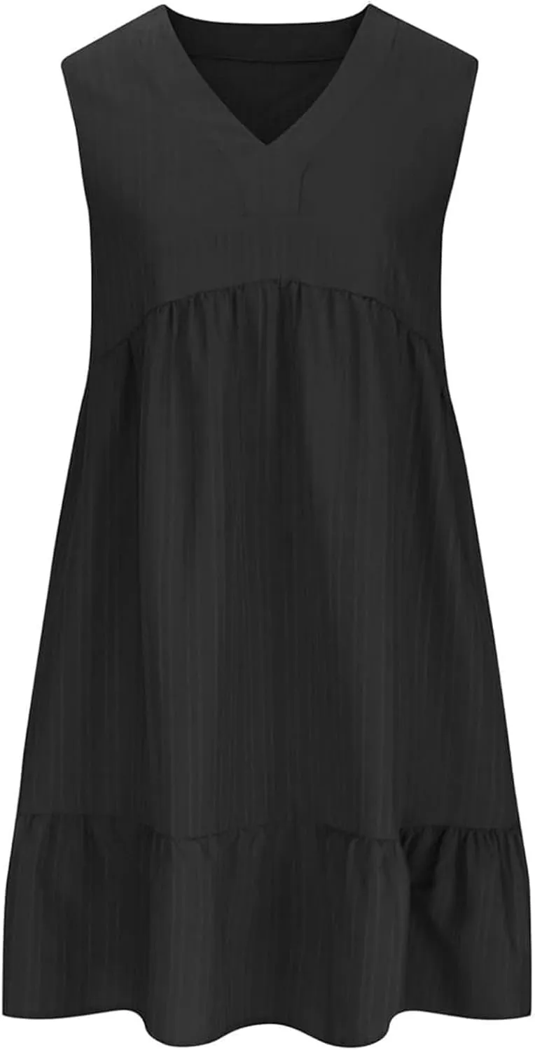 Summer Dresses for Women 2025 Sleeveless V Neck Knee Length Patchwork Pleated Ruffle Flowy Beach Sundresses