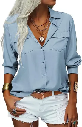 Veatzaer Womens Solid Lapel Long Sleeves Button Down Shirt Top Casual Basic Office Blouse