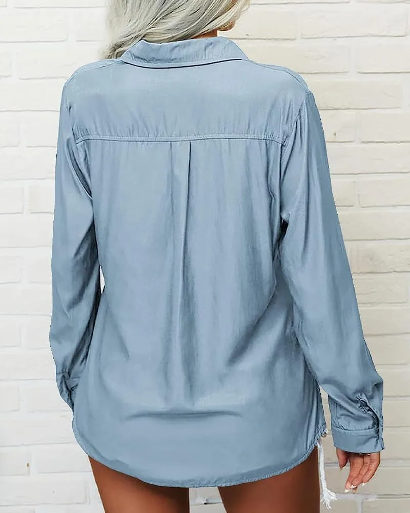 Veatzaer Womens Solid Lapel Long Sleeves Button Down Shirt Top Casual Basic Office Blouse