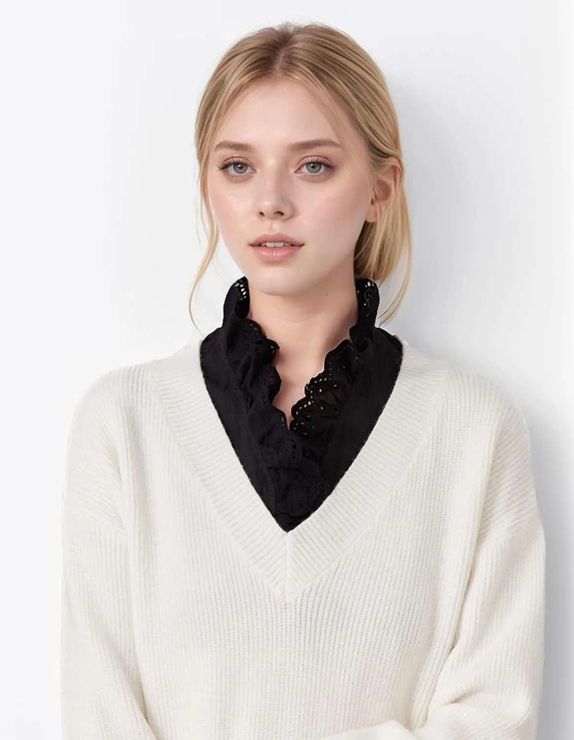 Victoria Cotton Shirts Elegant Ruffle Collar V Neck Dickey Mock Turtleneck Faux Collars for Women Girls