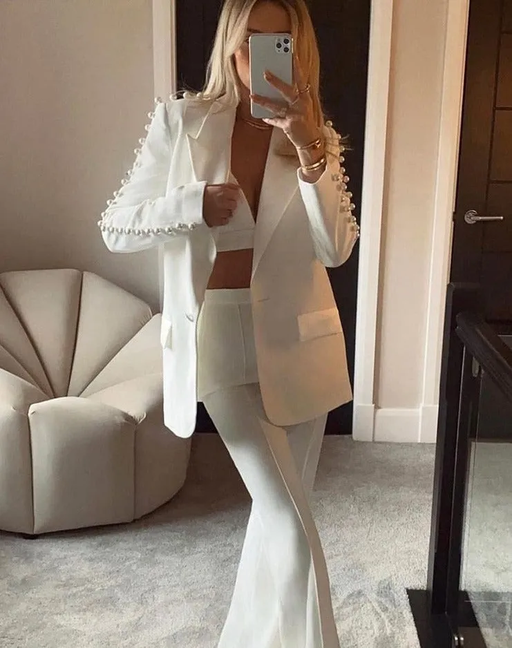 Wenkouban Women Blazer Suit Vintage Pearls Beading Jackets With Pant Office Outwear Streetwear 2 Piece Set