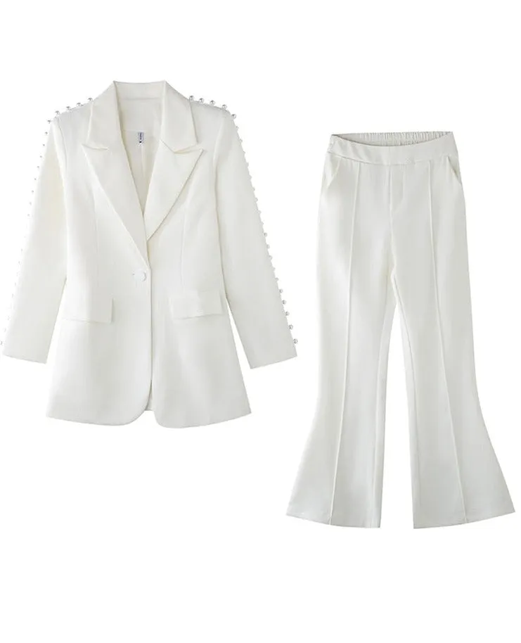 Wenkouban Women Blazer Suit Vintage Pearls Beading Jackets With Pant Office Outwear Streetwear 2 Piece Set
