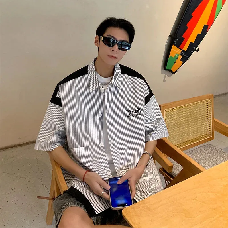 Wiaofellas  -  Streetwear Mens Striped Shirts Short Sleeve Thin Shirt Summer Casual Korean Fashion Loose Button Formal Men Clothing Blouse