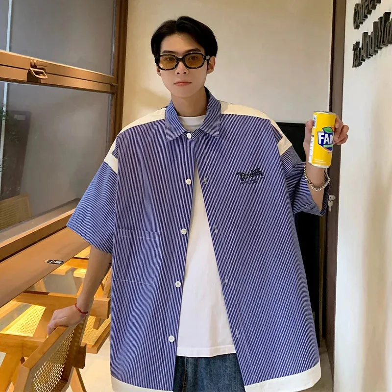 Wiaofellas  -  Streetwear Mens Striped Shirts Short Sleeve Thin Shirt Summer Casual Korean Fashion Loose Button Formal Men Clothing Blouse