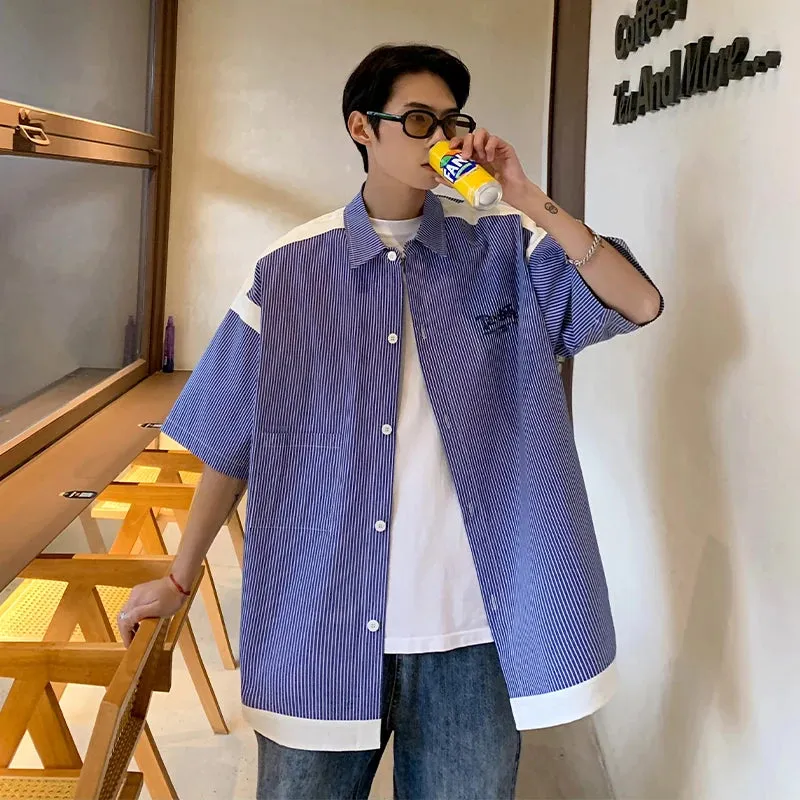 Wiaofellas  -  Streetwear Mens Striped Shirts Short Sleeve Thin Shirt Summer Casual Korean Fashion Loose Button Formal Men Clothing Blouse