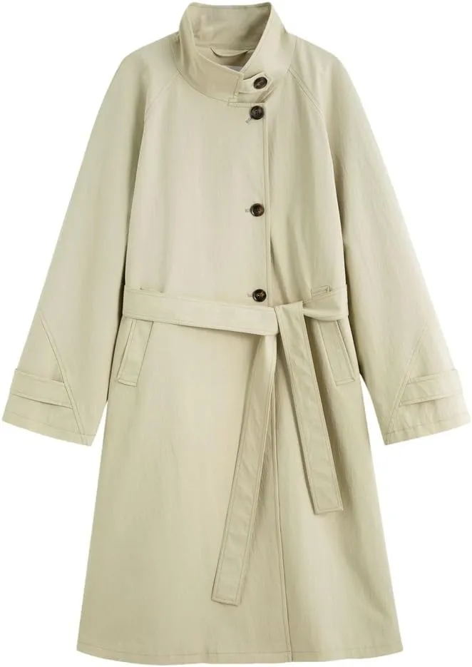 Women Stand Up Collar Mid Length Trench Coat Casual Loose Single Breasted Single Breasted Coat