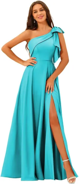 Women's One Shoulder Bridesmaid Dresses with Bow Long Prom Dress with Slit Satin Formal Dresses RA026