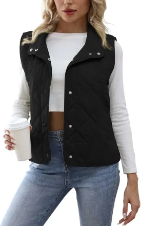 Womens Quilted Vest Lightweight Sleevesless Stand Collar Button Down Padded Gilet Fall Outerwear Vests with Pockets