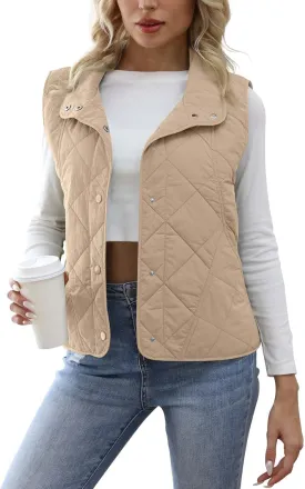 Womens Quilted Vest Lightweight Sleevesless Stand Collar Button Down Padded Gilet Fall Outerwear Vests with Pockets