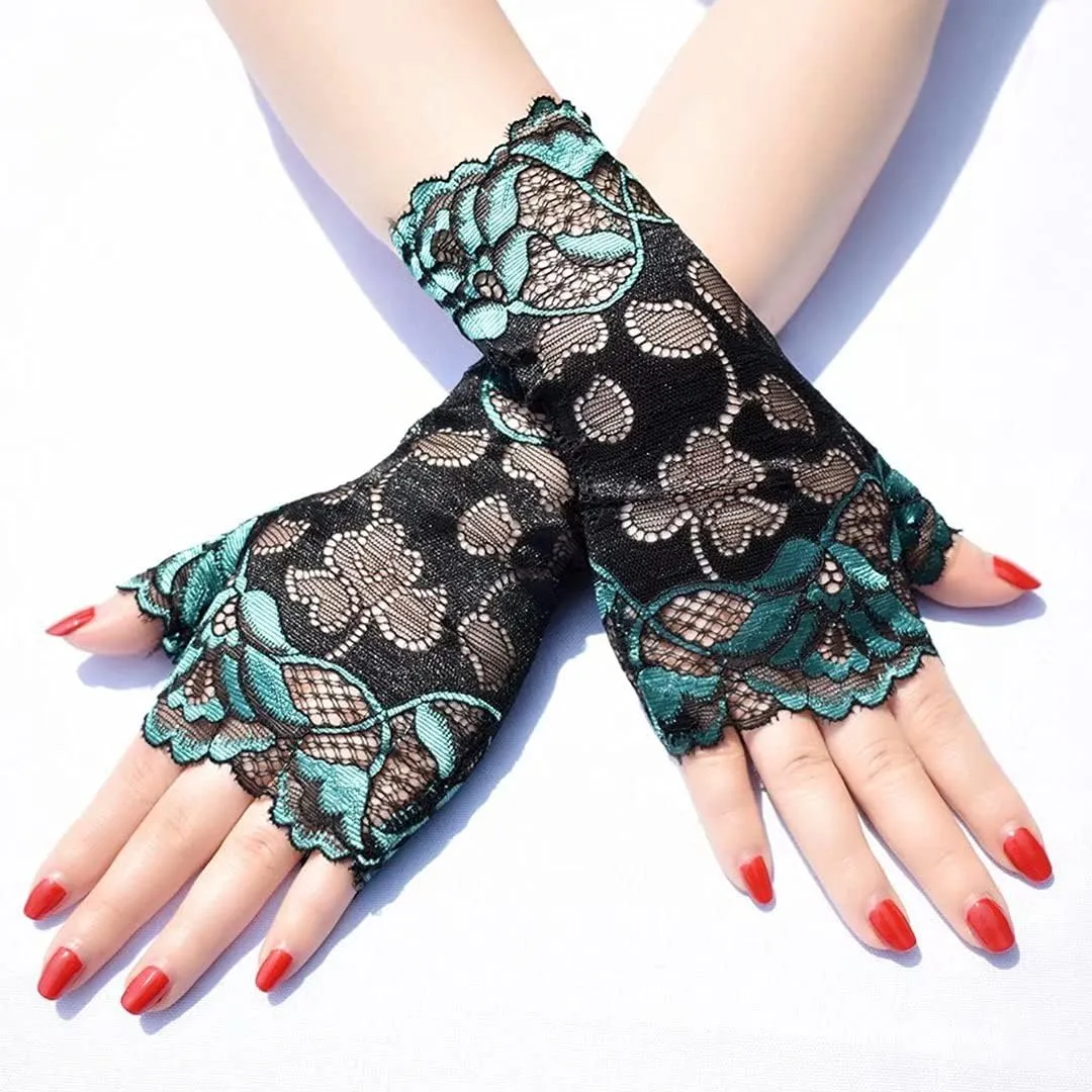 Women's Short Lace Gloves Fingerless for Driving Wedding Wrist Length Bridal Prom Gloves