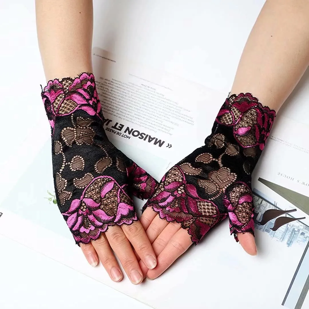 Women's Short Lace Gloves Fingerless for Driving Wedding Wrist Length Bridal Prom Gloves