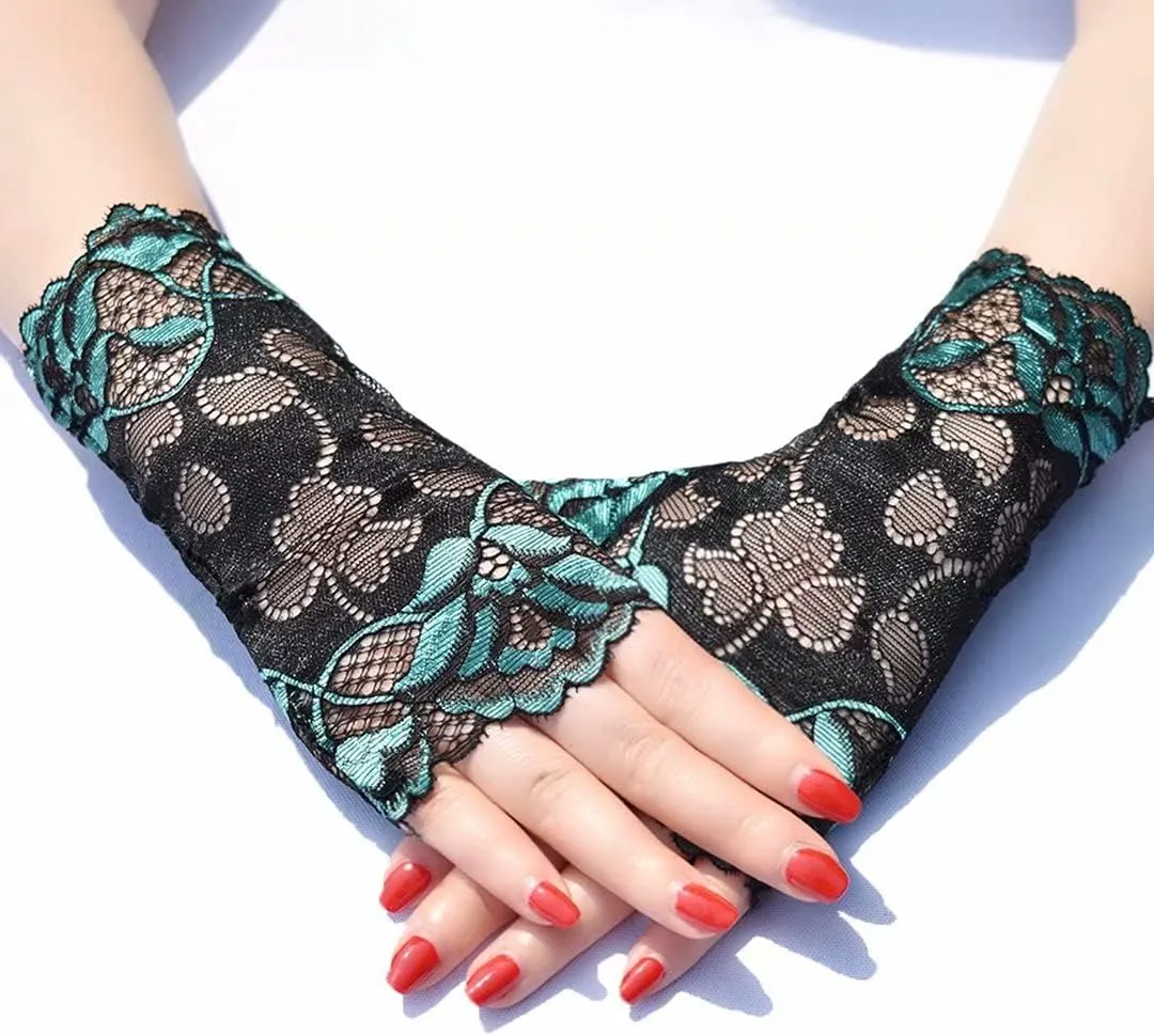 Women's Short Lace Gloves Fingerless for Driving Wedding Wrist Length Bridal Prom Gloves