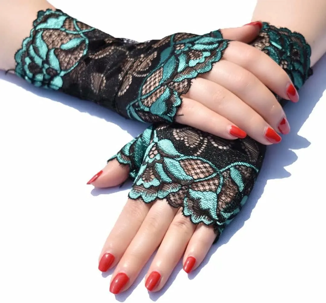 Women's Short Lace Gloves Fingerless for Driving Wedding Wrist Length Bridal Prom Gloves