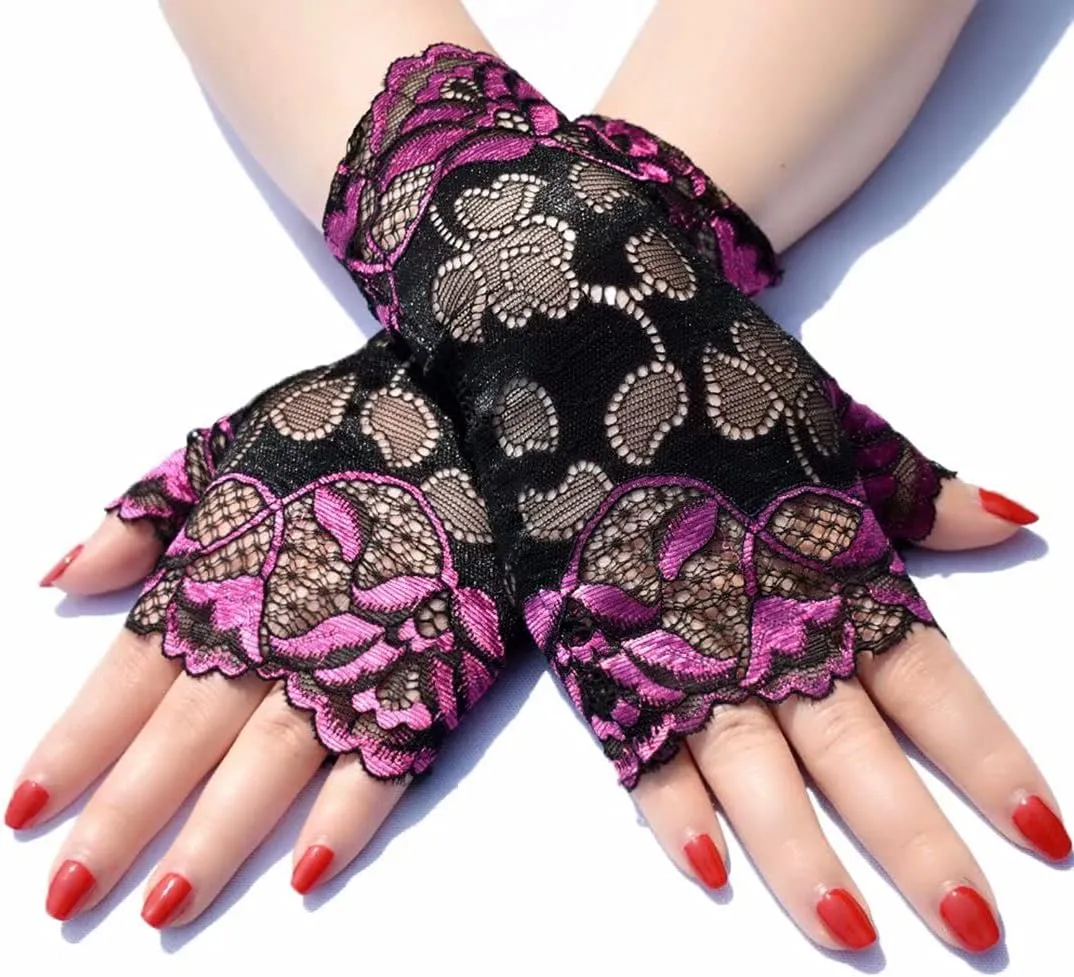 Women's Short Lace Gloves Fingerless for Driving Wedding Wrist Length Bridal Prom Gloves