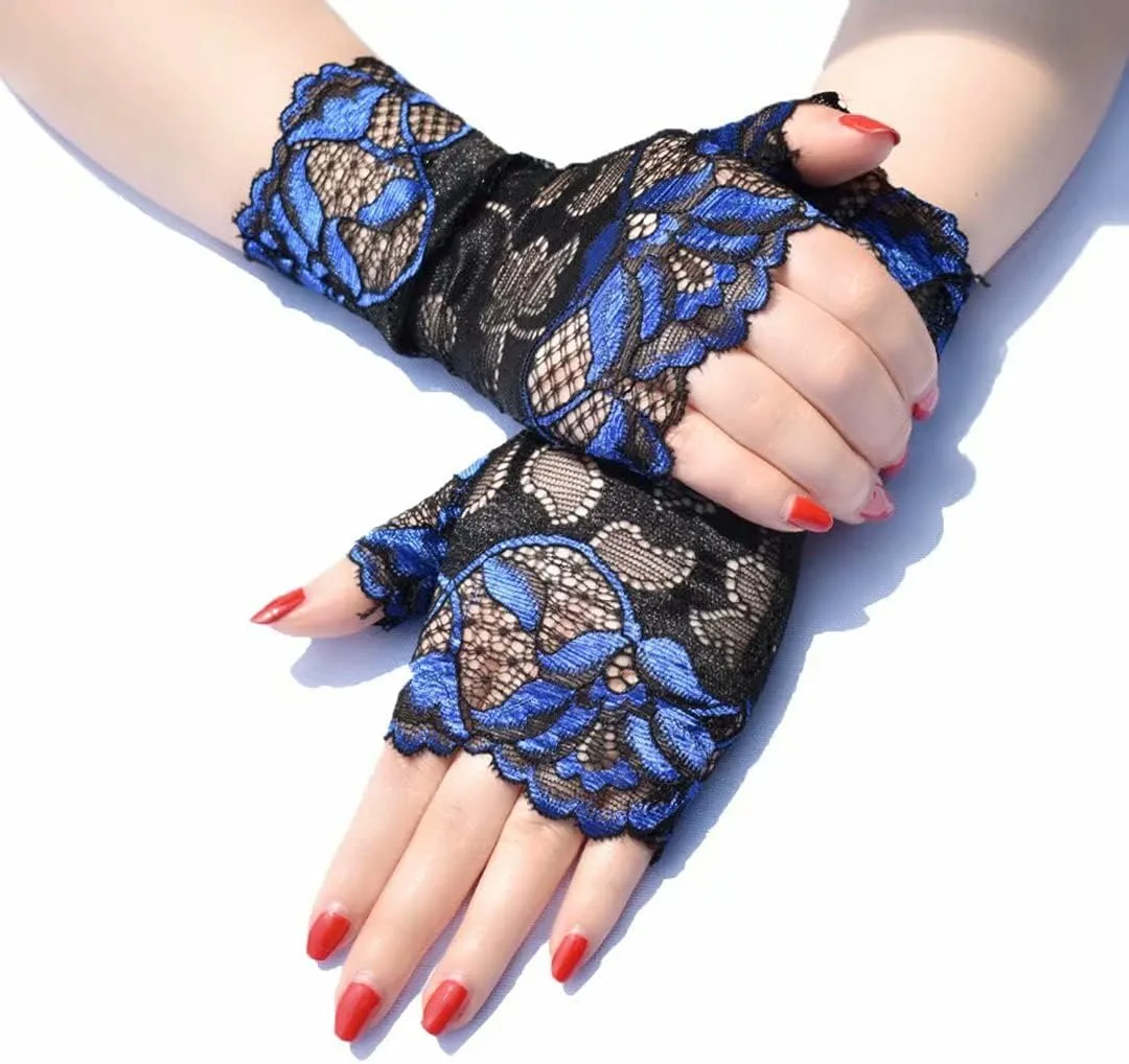 Women's Short Lace Gloves Fingerless for Driving Wedding Wrist Length Bridal Prom Gloves