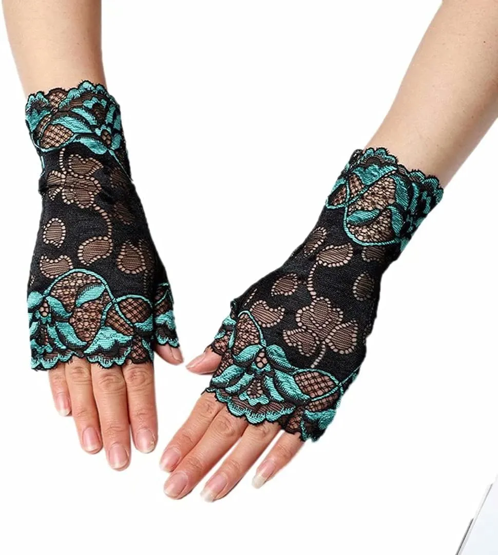 Women's Short Lace Gloves Fingerless for Driving Wedding Wrist Length Bridal Prom Gloves