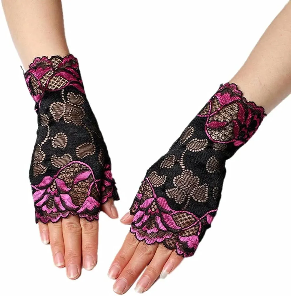 Women's Short Lace Gloves Fingerless for Driving Wedding Wrist Length Bridal Prom Gloves