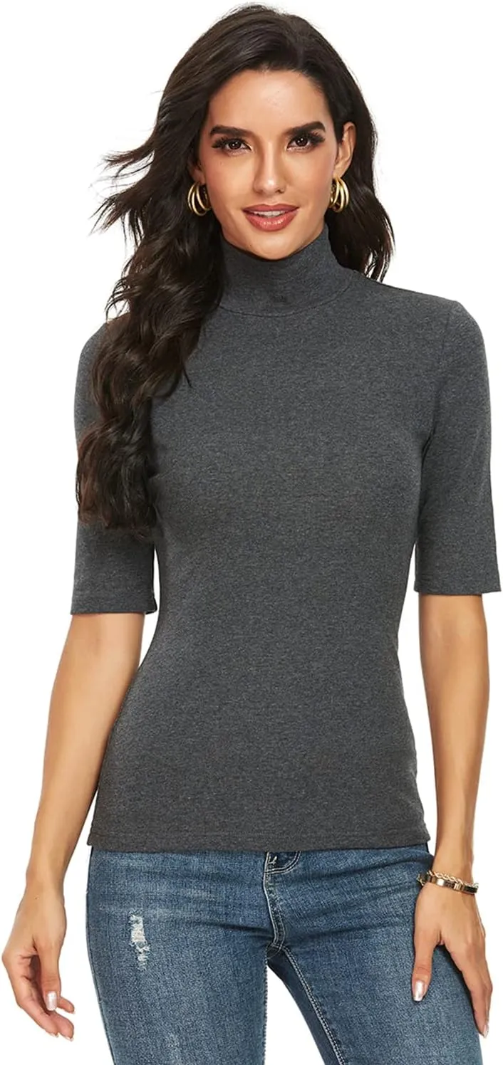 Womens Short Sleeve Mock Turtleneck Business Casual Tops Slim Fitted Plain Tee Shirts Size S-XL