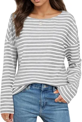 Womens Striped Shirt Long Sleeve Tops Trendy Drop Shoulder Boat Neck Going Out Tops Loose Fit Casual Shirts