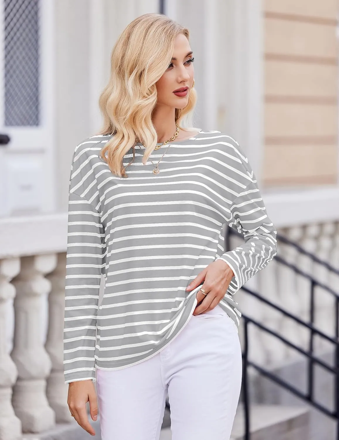 Womens Striped Shirt Long Sleeve Tops Trendy Drop Shoulder Boat Neck Going Out Tops Loose Fit Casual Shirts